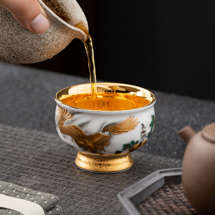 Buddha Stones Golden Eagle Auspicious Dragon Sun Ocean Waves Gilt Ceramic Teacup Kung Fu Tea Cup - image 2