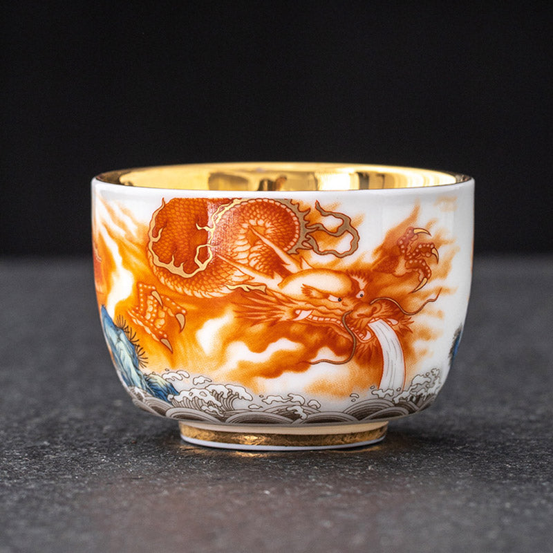 Buddha Stones Dragon Phoenix Crane Sun Ocean Waves Gilt Ceramic Teacup Kung Fu Tea Cup 170ml - Dragon 8cm*5.4cm*170ml - image 1