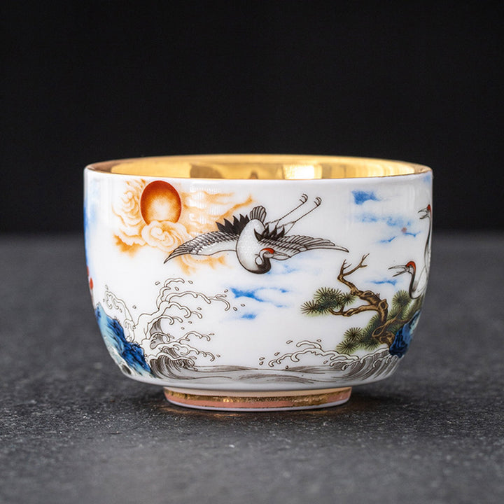Buddha Stones Dragon Phoenix Crane Sun Ocean Waves Gilt Ceramic Teacup Kung Fu Tea Cup 170ml - Crane 8cm*5.4cm*170ml - image 11