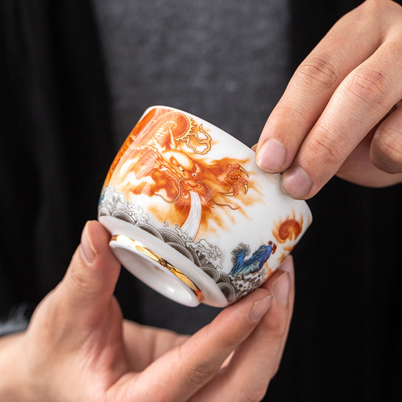 Buddha Stones Dragon Phoenix Crane Sun Ocean Waves Gilt Ceramic Teacup Kung Fu Tea Cup 170ml - image 2
