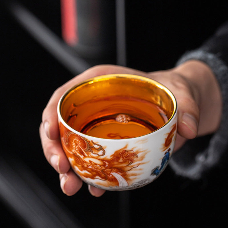 Buddha Stones Dragon Phoenix Crane Sun Ocean Waves Gilt Ceramic Teacup Kung Fu Tea Cup 170ml - image 3