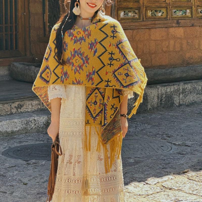 Buddha Stones Tibetan Shawl Striped Geometry Pattern Winter Cozy Travel Knitted Scarf Wrap - Yellow 130*150cm - image 0