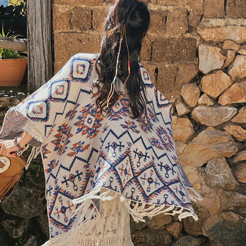 Buddha Stones Tibetan Shawl Striped Geometry Pattern Winter Cozy Travel Knitted Scarf Wrap - image 5