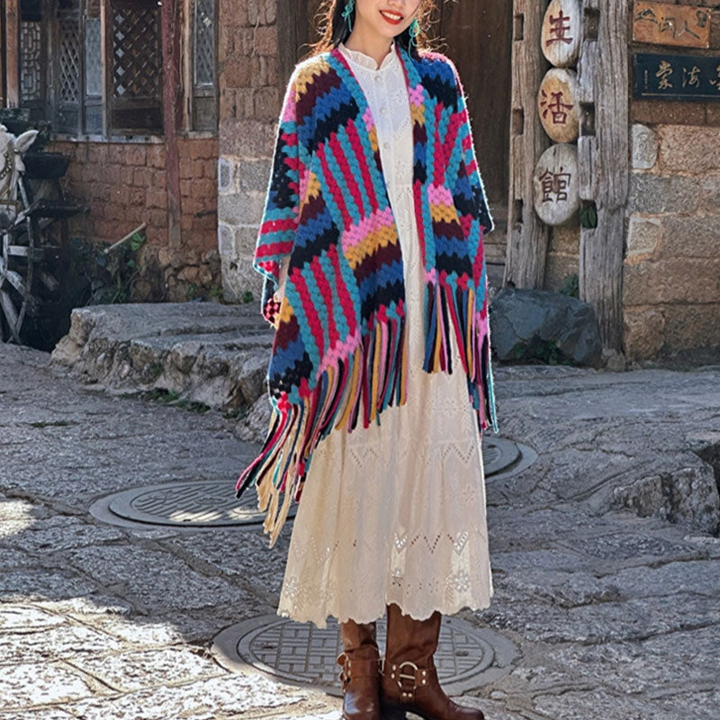 Buddha Stones Tibetan Shawl Candy Color Braided Pattern Winter Cozy Travel Knitted Tassel Scarf Wrap - 130*150cm - image 0