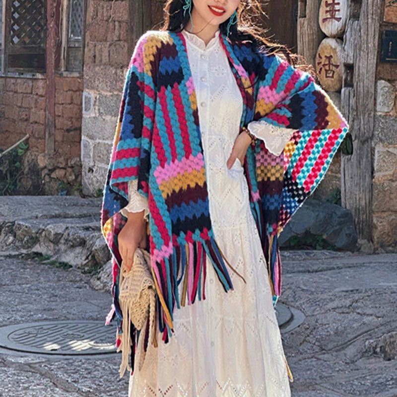 Buddha Stones Tibetan Shawl Candy Color Braided Pattern Winter Cozy Travel Knitted Tassel Scarf Wrap - image 1