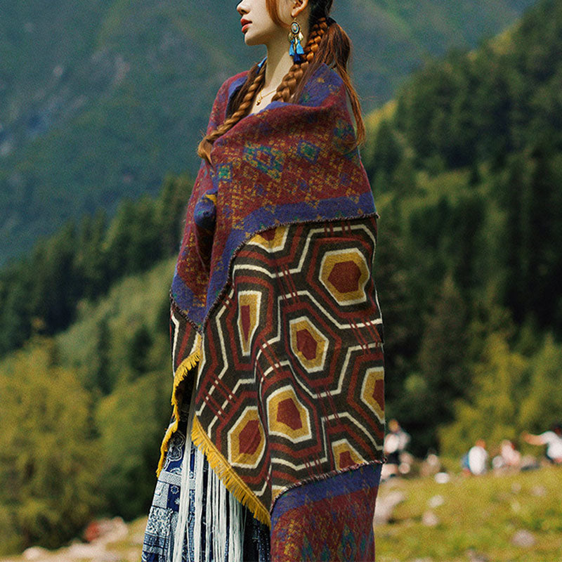 Buddha Stones Tibetan Shawl Brown Blue Red Geometric Shapes Pattern Winter Cozy Travel Scarf Wrap - 110*190cm - image 0