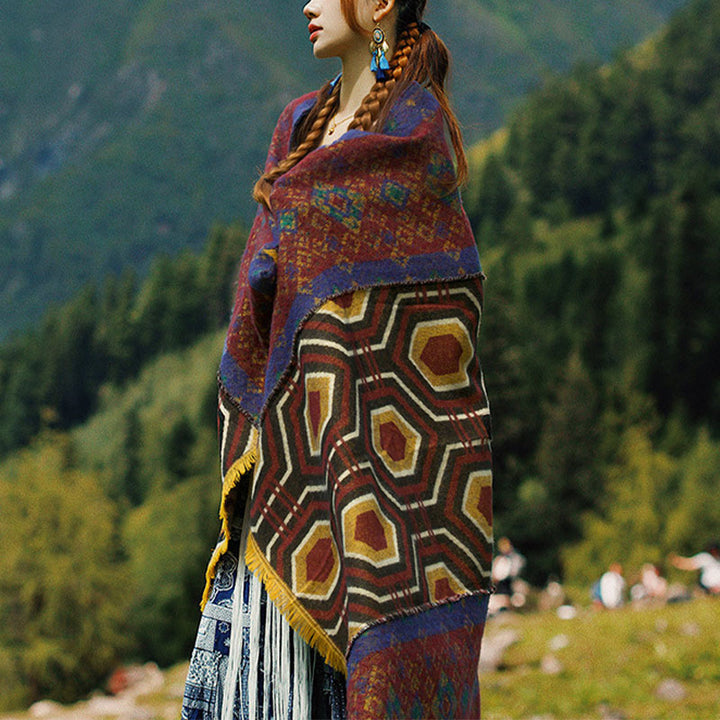 Buddha Stones Tibetan Shawl Brown Blue Red Geometric Shapes Pattern Winter Cozy Travel Scarf Wrap - 110*190cm - image 0