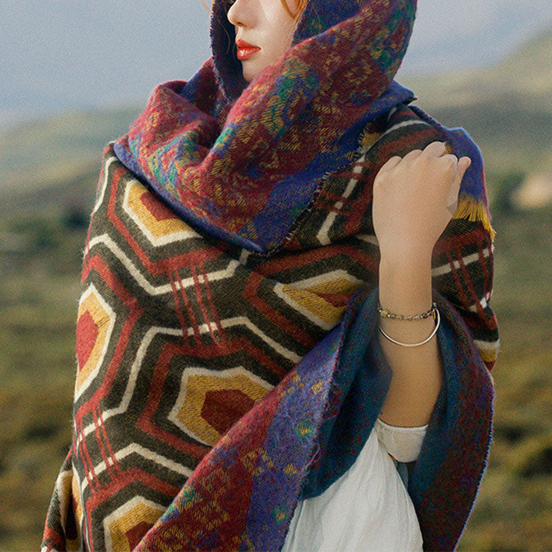 Buddha Stones Tibetan Shawl Brown Blue Red Geometric Shapes Pattern Winter Cozy Travel Scarf Wrap - image 1