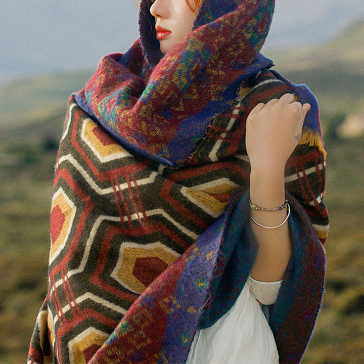 Buddha Stones Tibetan Shawl Brown Blue Red Geometric Shapes Pattern Winter Cozy Travel Scarf Wrap - image 1