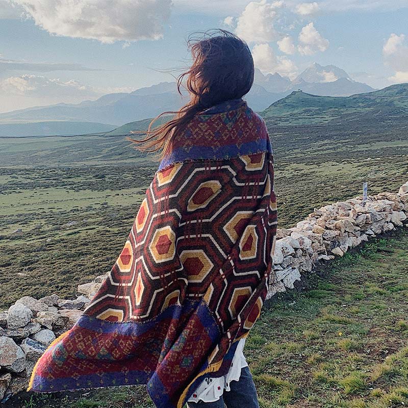 Buddha Stones Tibetan Shawl Brown Blue Red Geometric Shapes Pattern Winter Cozy Travel Scarf Wrap - image 6