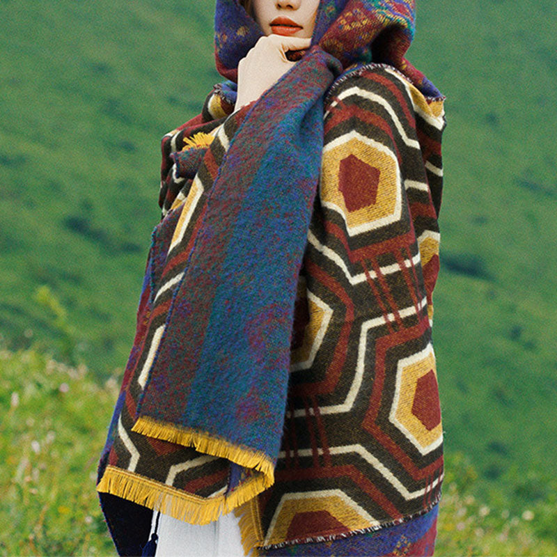 Buddha Stones Tibetan Shawl Brown Blue Red Geometric Shapes Pattern Winter Cozy Travel Scarf Wrap - image 2
