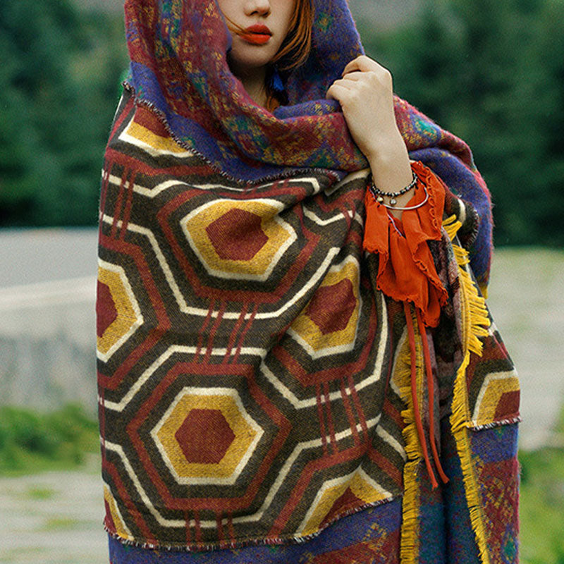 Buddha Stones Tibetan Shawl Brown Blue Red Geometric Shapes Pattern Winter Cozy Travel Scarf Wrap - image 5
