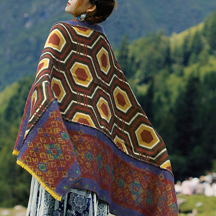 Buddha Stones Tibetan Shawl Brown Blue Red Geometric Shapes Pattern Winter Cozy Travel Scarf Wrap - image 4