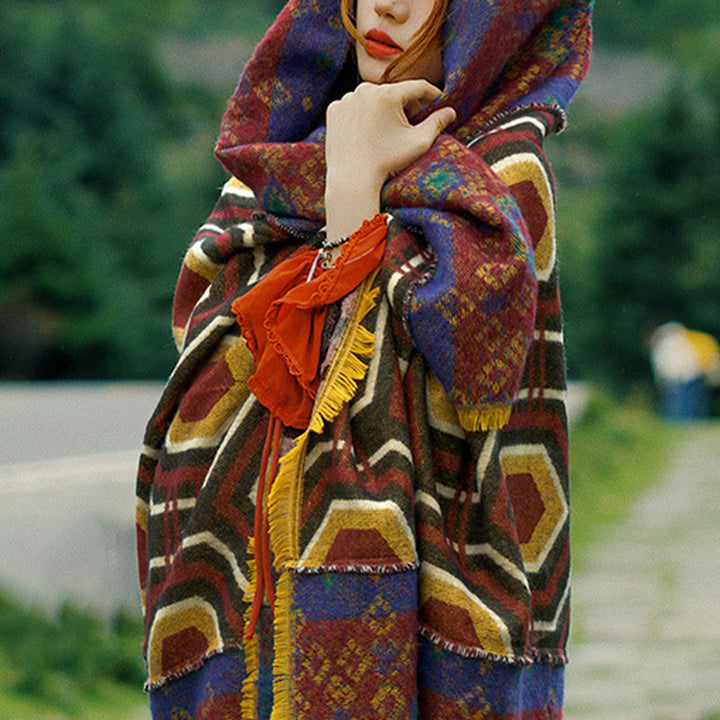 Buddha Stones Tibetan Shawl Brown Blue Red Geometric Shapes Pattern Winter Cozy Travel Scarf Wrap - image 8