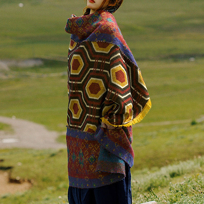 Buddha Stones Tibetan Shawl Brown Blue Red Geometric Shapes Pattern Winter Cozy Travel Scarf Wrap - image 14