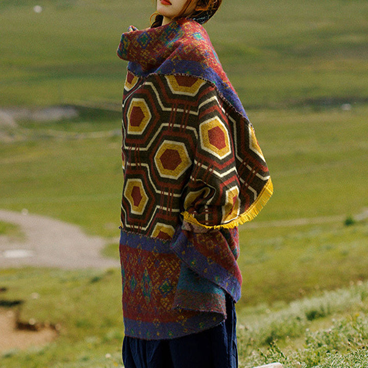 Buddha Stones Tibetan Shawl Brown Blue Red Geometric Shapes Pattern Winter Cozy Travel Scarf Wrap - image 14