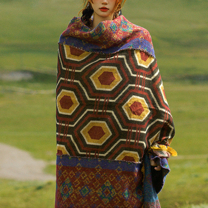 Buddha Stones Tibetan Shawl Brown Blue Red Geometric Shapes Pattern Winter Cozy Travel Scarf Wrap - image 10