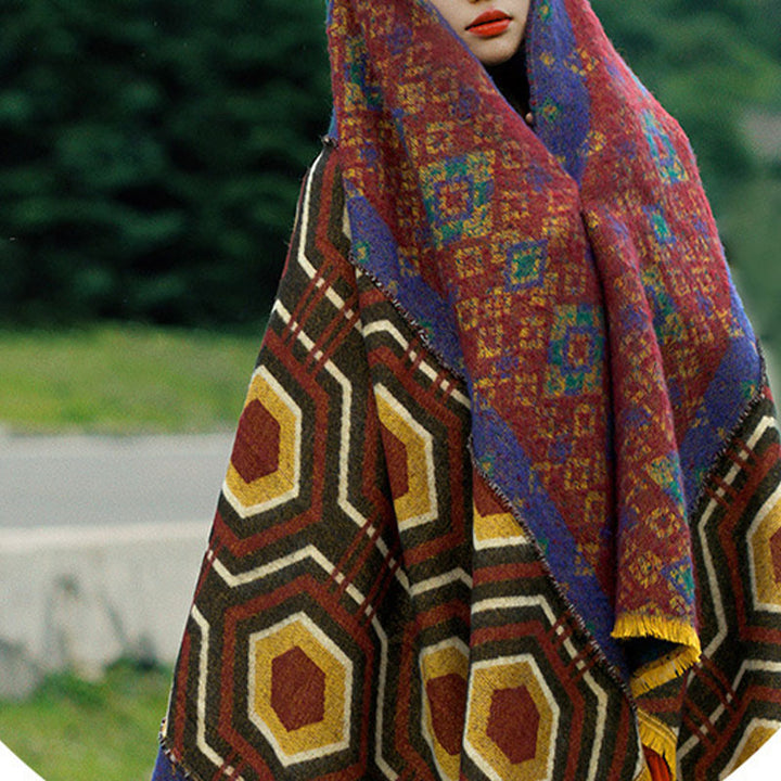 Buddha Stones Tibetan Shawl Brown Blue Red Geometric Shapes Pattern Winter Cozy Travel Scarf Wrap - image 9