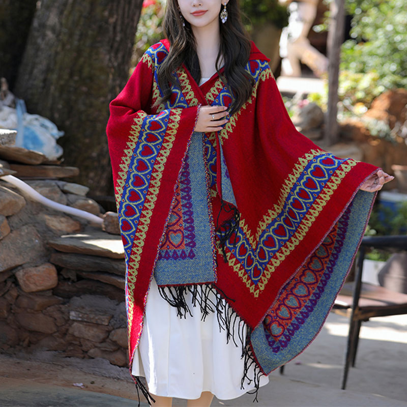 Buddha Stones Tibetan Shawl Red Love Heart Tassel Hooded Cloak Winter Cozy Travel Scarf Wrap - 150*130cm - image 0