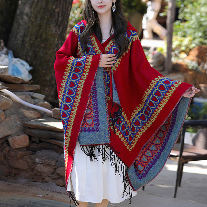 Buddha Stones Tibetan Shawl Red Love Heart Tassel Hooded Cloak Winter Cozy Travel Scarf Wrap - 150*130cm - image 0