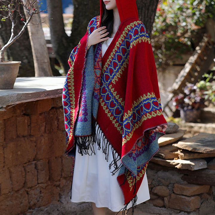 Buddha Stones Tibetan Shawl Red Love Heart Tassel Hooded Cloak Winter Cozy Travel Scarf Wrap - image 2