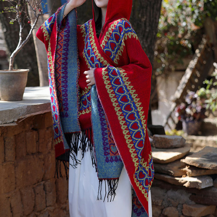 Buddha Stones Tibetan Shawl Red Love Heart Tassel Hooded Cloak Winter Cozy Travel Scarf Wrap - image 7