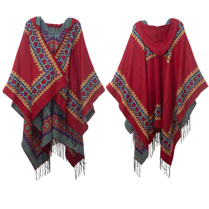 Buddha Stones Tibetan Shawl Red Love Heart Tassel Hooded Cloak Winter Cozy Travel Scarf Wrap - image 14
