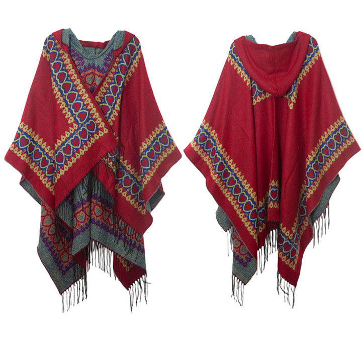 Buddha Stones Tibetan Shawl Red Love Heart Tassel Hooded Cloak Winter Cozy Travel Scarf Wrap - image 14