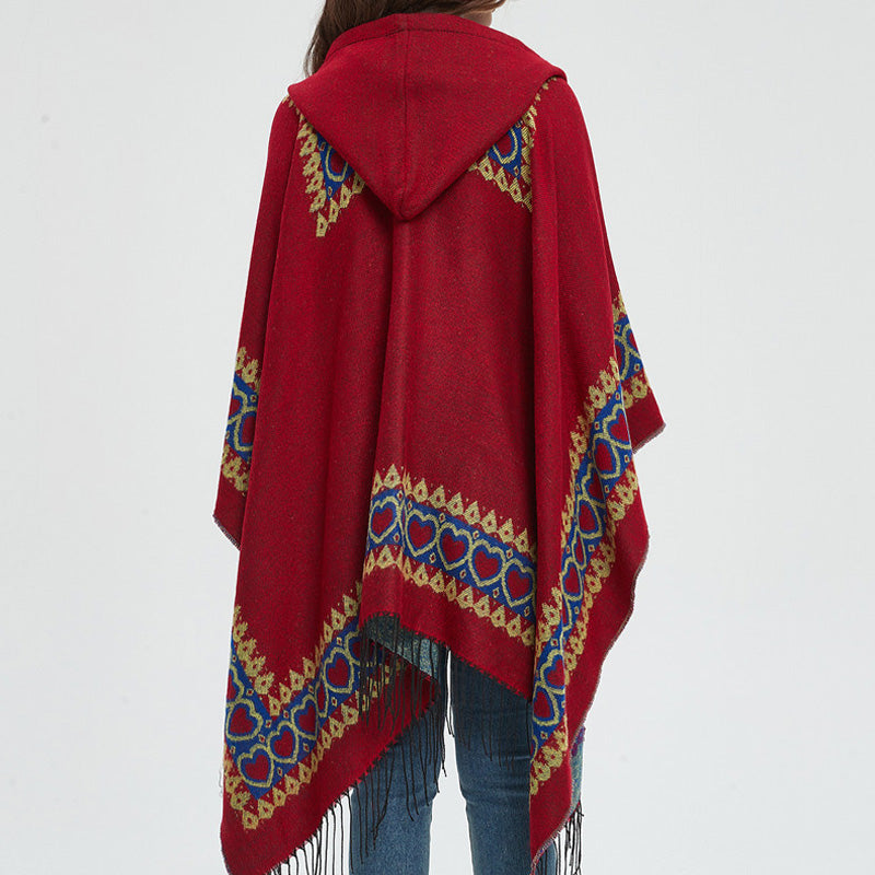 Buddha Stones Tibetan Shawl Red Love Heart Tassel Hooded Cloak Winter Cozy Travel Scarf Wrap - image 17