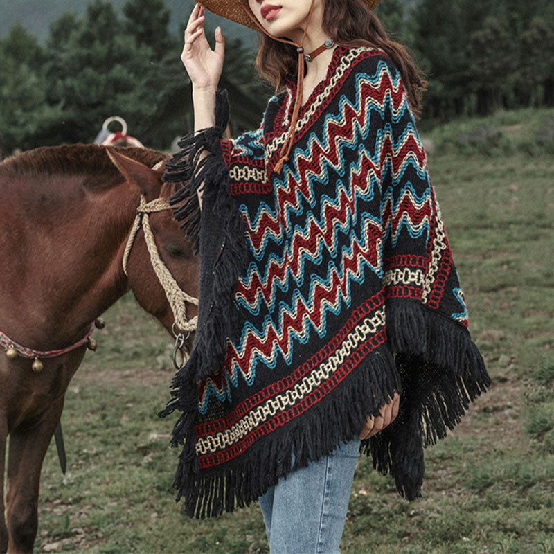 Buddha Stones Tibetan Shawl Striped Knitted Tassels Pullover Winter Cozy Travel Scarf Wrap - image 1