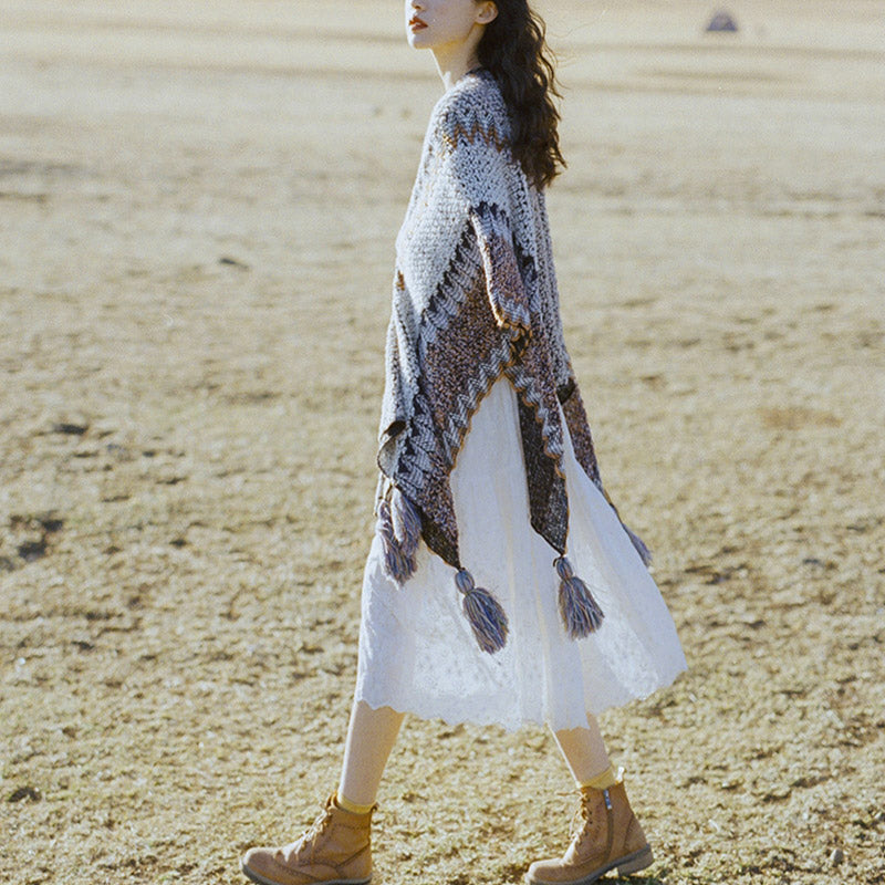 Buddha Stones Tibetan Shawl Gray Brown Striped Knitted Tassels Winter Cozy Travel Scarf Wrap - image 4