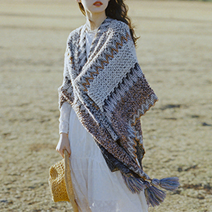 Buddha Stones Tibetan Shawl Gray Brown Striped Knitted Tassels Winter Cozy Travel Scarf Wrap - image 13