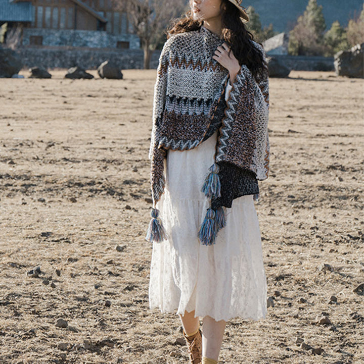 Buddha Stones Tibetan Shawl Gray Brown Striped Knitted Tassels Winter Cozy Travel Scarf Wrap - image 8