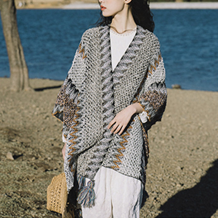 Buddha Stones Tibetan Shawl Gray Brown Striped Knitted Tassels Winter Cozy Travel Scarf Wrap - image 16