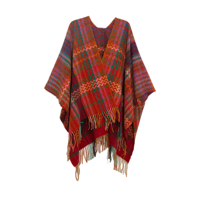 Buddha Stones Tibetan Shawl Colorful Wavy Line Tassels Winter Cozy Travel Scarf Wrap - Red Colorful 155*130cm - image 0