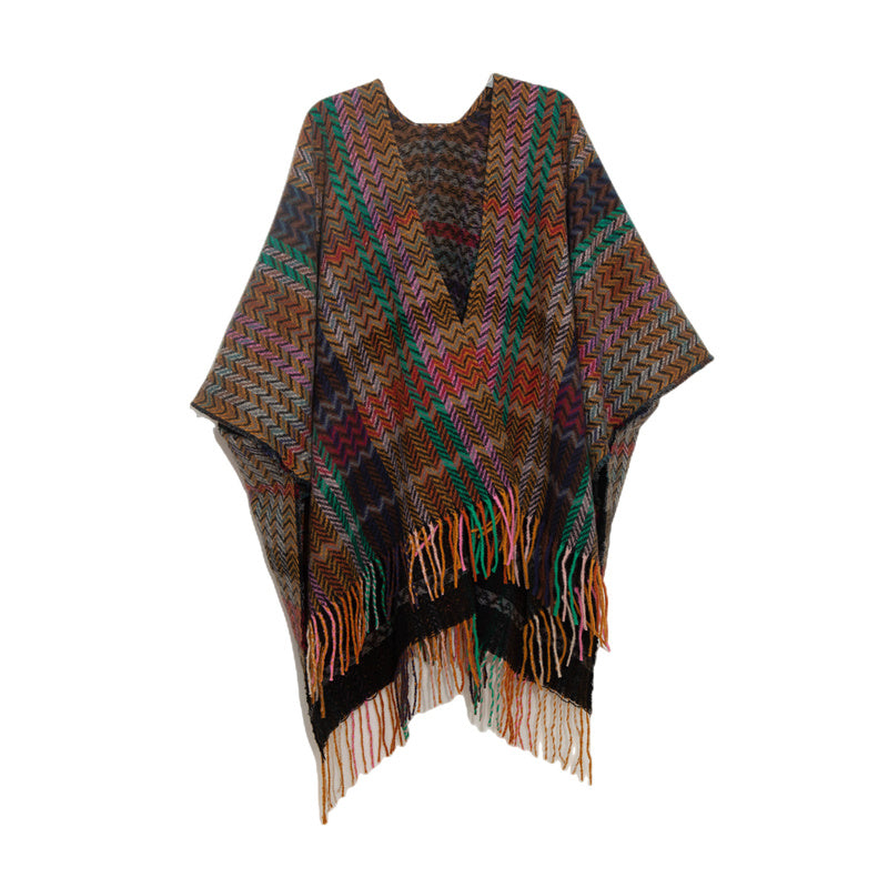 Buddha Stones Tibetan Shawl Colorful Wavy Line Tassels Winter Cozy Travel Scarf Wrap - Colorful Black 155*130cm - image 1