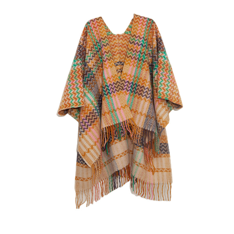 Buddha Stones Tibetan Shawl Colorful Wavy Line Tassels Winter Cozy Travel Scarf Wrap - Yellow Pink Colorful 155*130cm - image 2