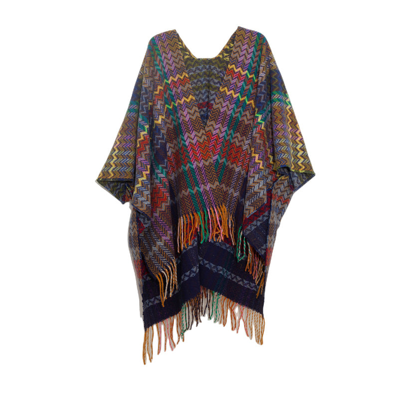 Buddha Stones Tibetan Shawl Colorful Wavy Line Tassels Winter Cozy Travel Scarf Wrap - Purple Red Colorful 155*130cm - image 3