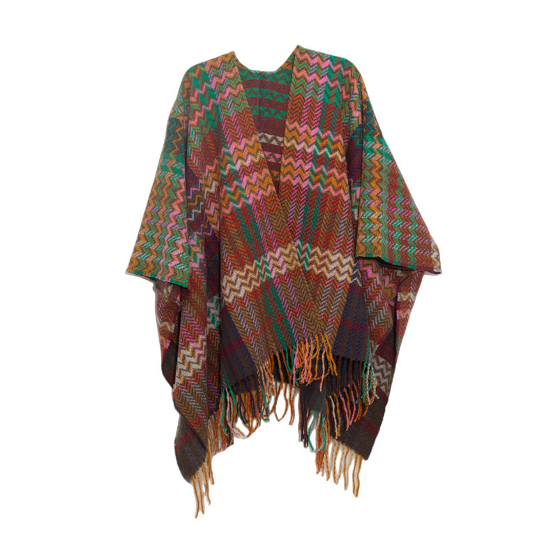 Buddha Stones Tibetan Shawl Colorful Wavy Line Tassels Winter Cozy Travel Scarf Wrap - Green Red Brown 155*130cm - image 5