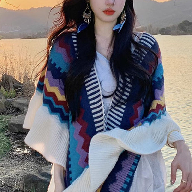 Buddha Stones Tibetan Shawl Colorful Striped Wavy Line Tassels Winter Cozy Travel Scarf Wrap - image 3