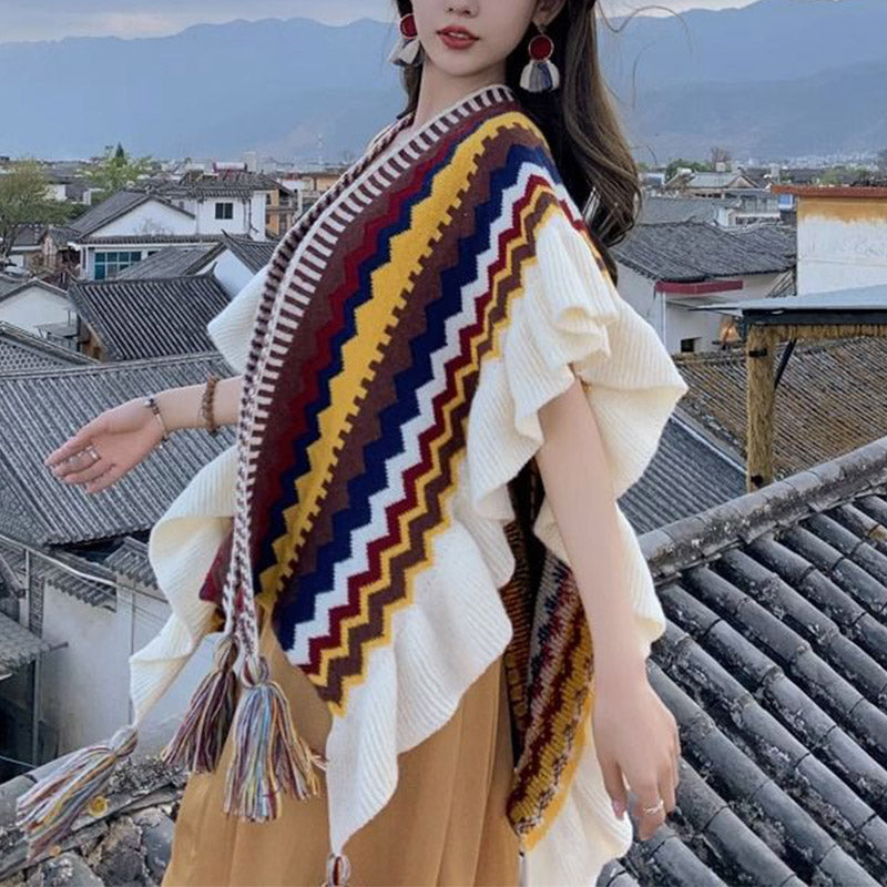 Buddha Stones Tibetan Shawl Colorful Striped Wavy Line Tassels Winter Cozy Travel Scarf Wrap - image 15