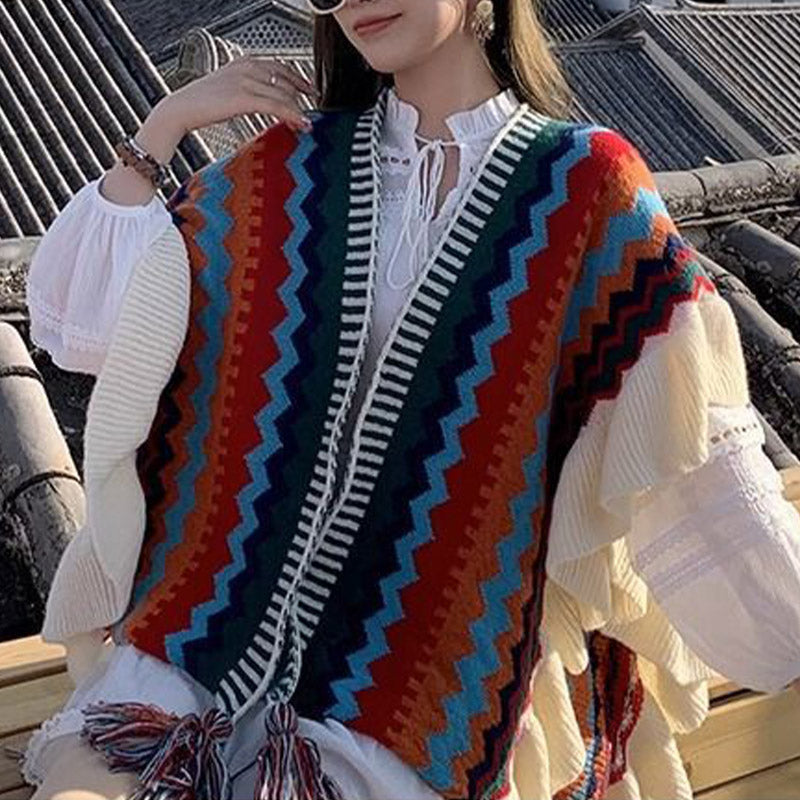 Buddha Stones Tibetan Shawl Colorful Striped Wavy Line Tassels Winter Cozy Travel Scarf Wrap - image 23