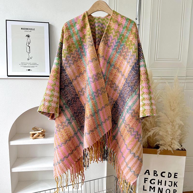 Buddha Stones Tibetan Shawl Colorful Wavy Striped Shapes Tassels Winter Cozy Travel Scarf Wrap - Pink Green - image 9