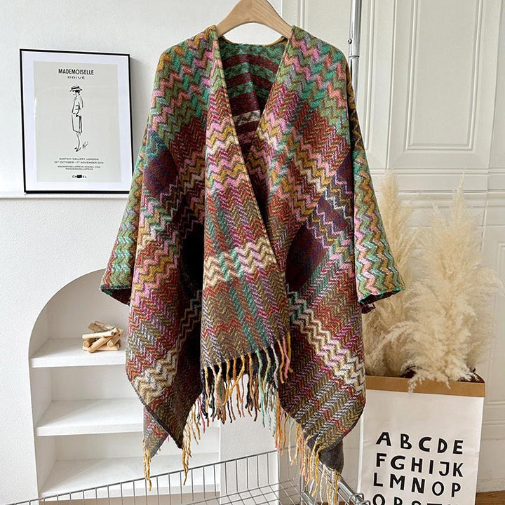 Buddha Stones Tibetan Shawl Colorful Wavy Striped Shapes Tassels Winter Cozy Travel Scarf Wrap - Green Brown - image 13