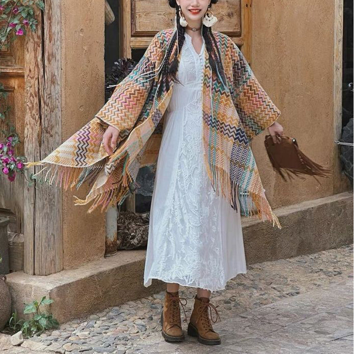Buddha Stones Tibetan Shawl Colorful Wavy Striped Shapes Tassels Winter Cozy Travel Scarf Wrap - image 4