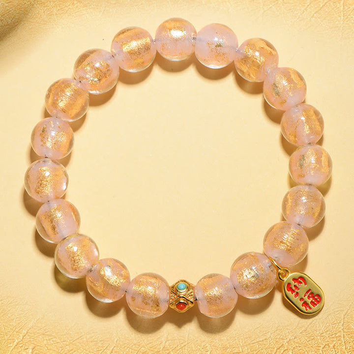 Buddha Stones Tibetan Incense Ash Liuli Glass Bead Lucky Fortune Fu Character Charm Bracelet - Gold Liuli Glass Bead(Wrist Circumference 14-15cm) - image 1