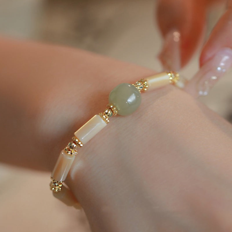 Buddha Stones 14K Gold Plated Tridacna Stone Hetian Jade Bead Bamboo Pattern Bracelet - Tridacna Stone One Hetian Jade Bead(Wrist Circumference 14-15cm) - image 2