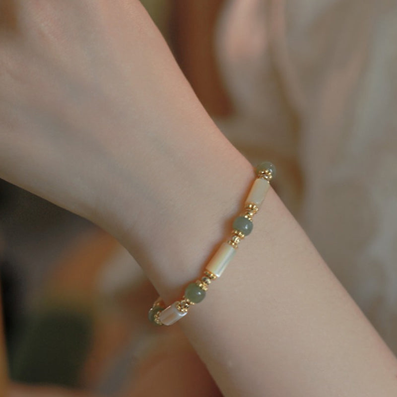 Buddha Stones 14K Gold Plated Tridacna Stone Hetian Jade Bead Bamboo Pattern Bracelet - Tridacna Stone Hetian Jade Beads(Wrist Circumference 14-15cm) - image 3