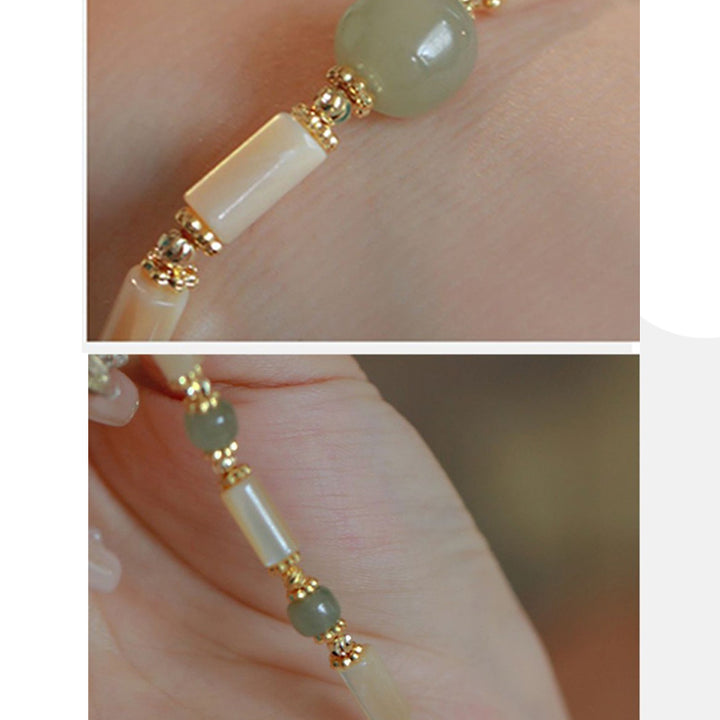 Buddha Stones 14K Gold Plated Tridacna Stone Hetian Jade Bead Bamboo Pattern Bracelet - image 5
