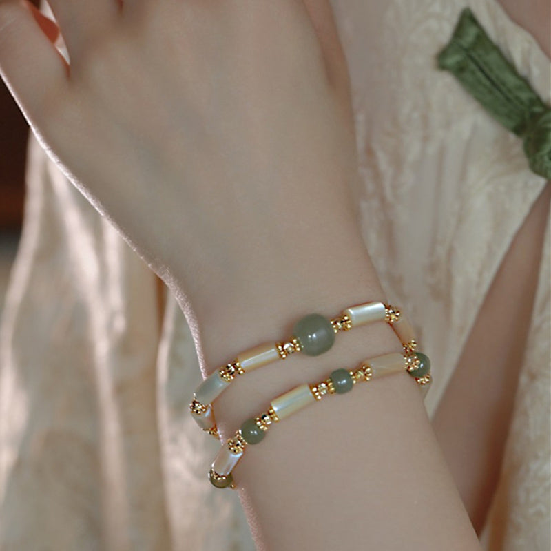 Buddha Stones 14K Gold Plated Tridacna Stone Hetian Jade Bead Bamboo Pattern Bracelet - image 0